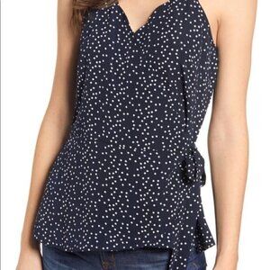 NEW Chelsea28 Polka Dot Wrap Tank Top Sleeveless Blouse Scallop Hem Blue Medium